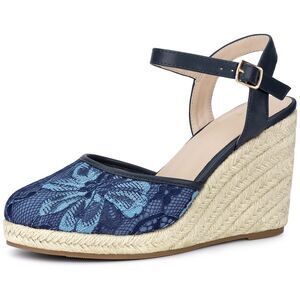 Closed Toe Platform Espadrilles Lace Wedge Heel Sandals Navy Blue